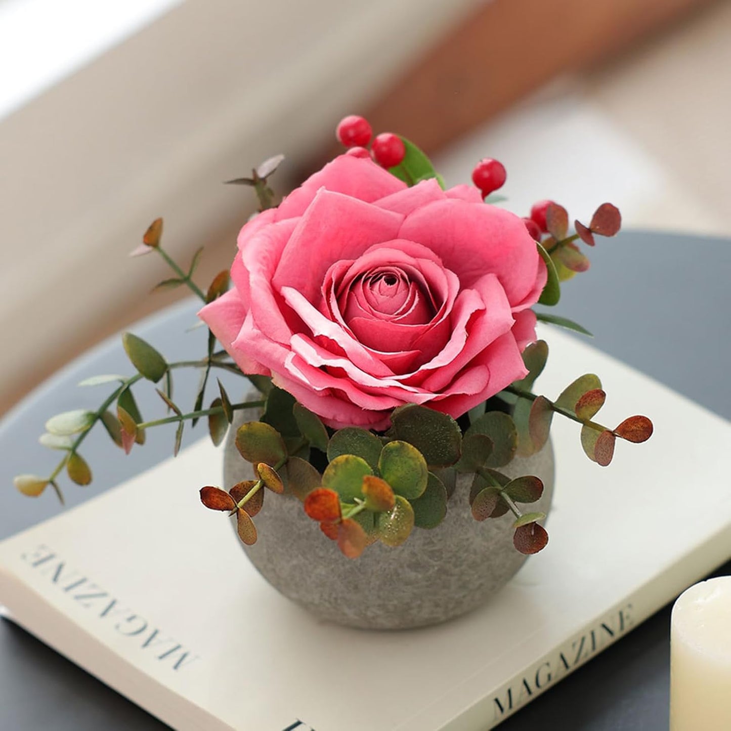 DIY Small Artificial Flowers Potted Kit Fake Flower Realistic Silk Rose and Greenery with Vase for Gifts Table Centerpiece Mantle Office Desk Shelves Living Room Decorations (Burgundy)