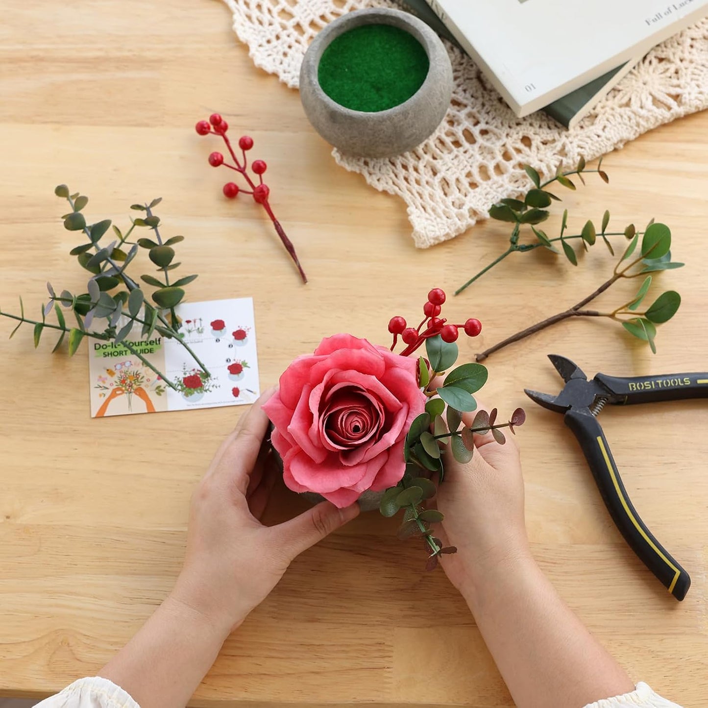 DIY Small Artificial Flowers Potted Kit Fake Flower Realistic Silk Rose and Greenery with Vase for Gifts Table Centerpiece Mantle Office Desk Shelves Living Room Decorations (Burgundy)
