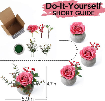DIY Small Artificial Flowers Potted Kit Fake Flower Realistic Silk Rose and Greenery with Vase for Gifts Table Centerpiece Mantle Office Desk Shelves Living Room Decorations (Burgundy)