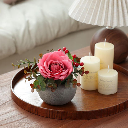 DIY Small Artificial Flowers Potted Kit Fake Flower Realistic Silk Rose and Greenery with Vase for Gifts Table Centerpiece Mantle Office Desk Shelves Living Room Decorations (Burgundy)