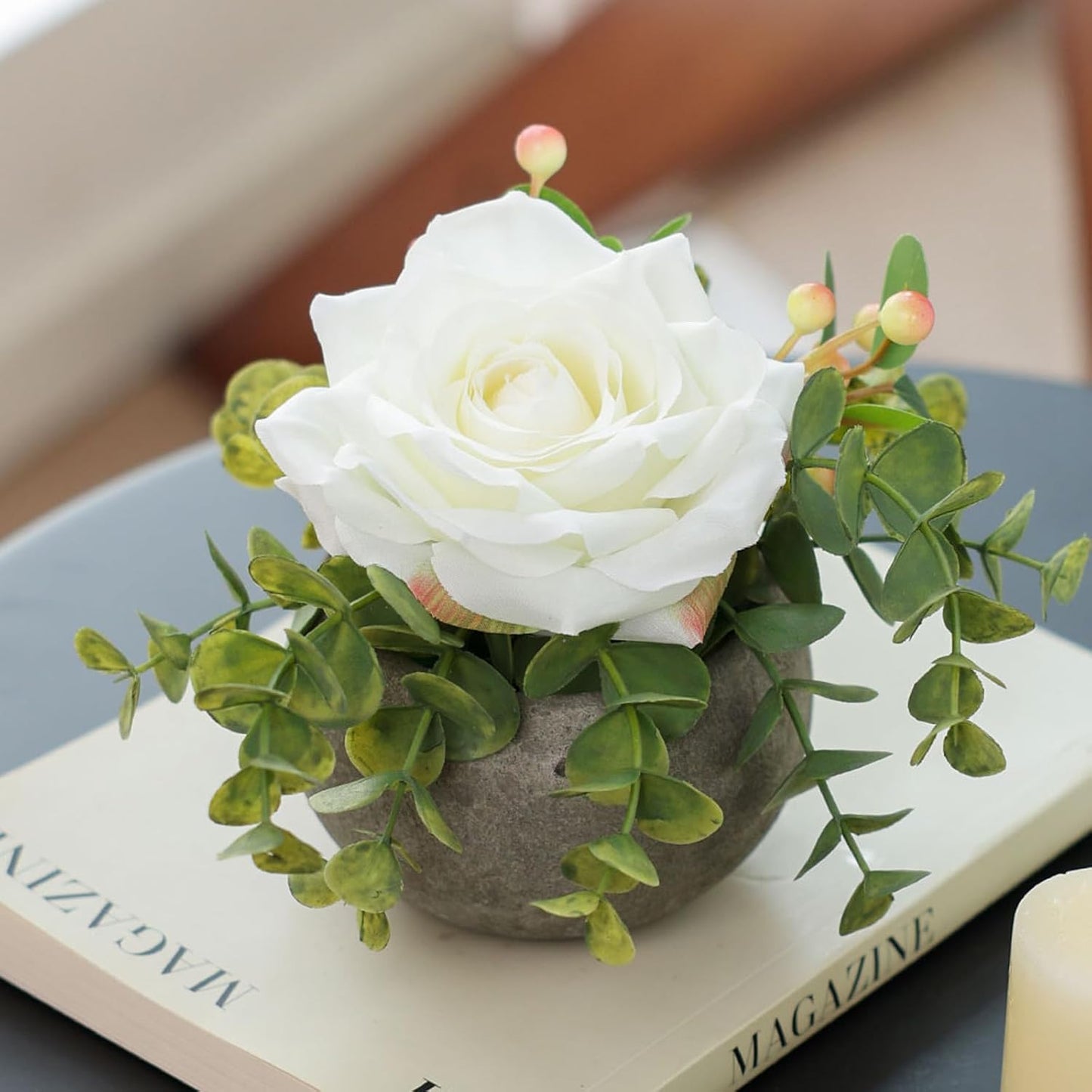 DIY Small Artificial Flowers Potted Kit Fake Flower Realistic Silk Rose and Greenery with Vase for Gifts Table Centerpiece Mantle Office Desk Shelves Living Room Decorations (Burgundy)