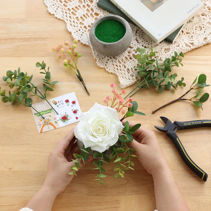 DIY Small Artificial Flowers Potted Kit Fake Flower Realistic Silk Rose and Greenery with Vase for Gifts Table Centerpiece Mantle Office Desk Shelves Living Room Decorations (Burgundy)