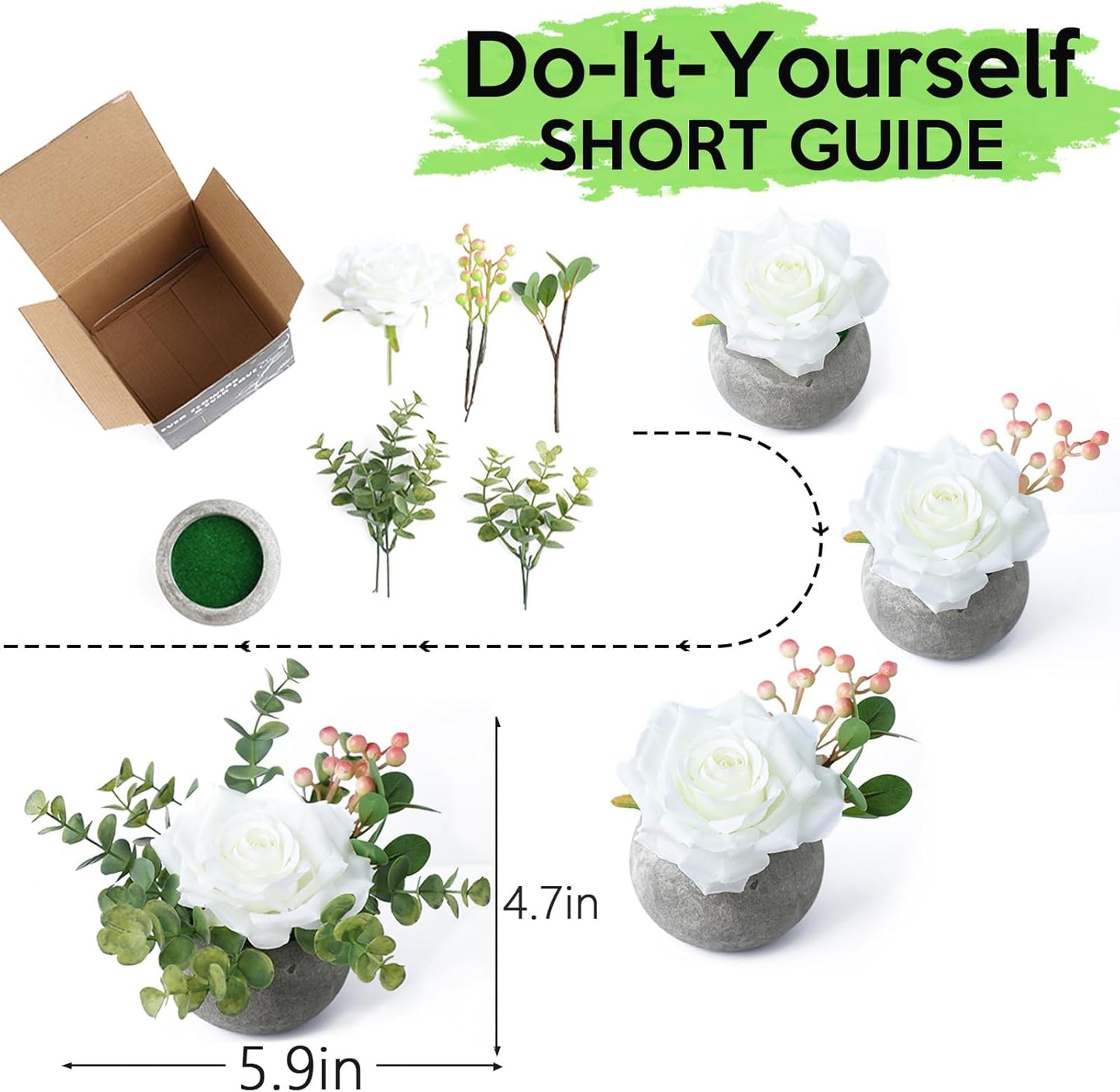 DIY Small Artificial Flowers Potted Kit Fake Flower Realistic Silk Rose and Greenery with Vase for Gifts Table Centerpiece Mantle Office Desk Shelves Living Room Decorations (Burgundy)