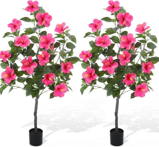 4 ft Artificial Hibiscus Tree with 14 Silk Flower, 2 Pack, Rose Red