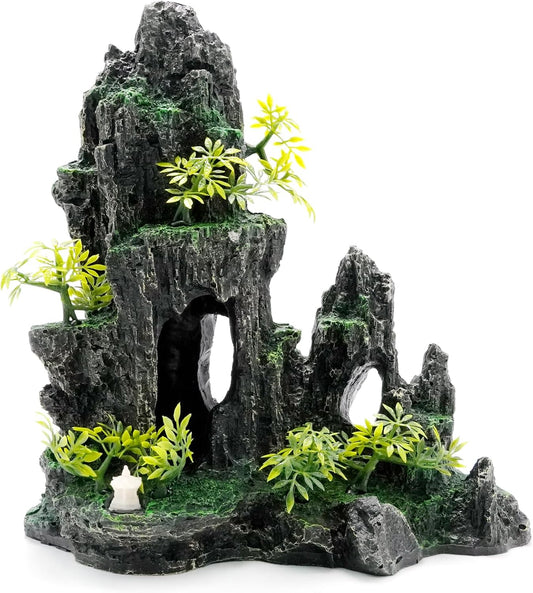 Large Aquarium Decorations and Tall Aquarium Decor for Fish Tank Decorations Artificial Mountain View Ornament Tall Large Aquarium Rock Decor Tree House with Hiding Caves Natural Landscape