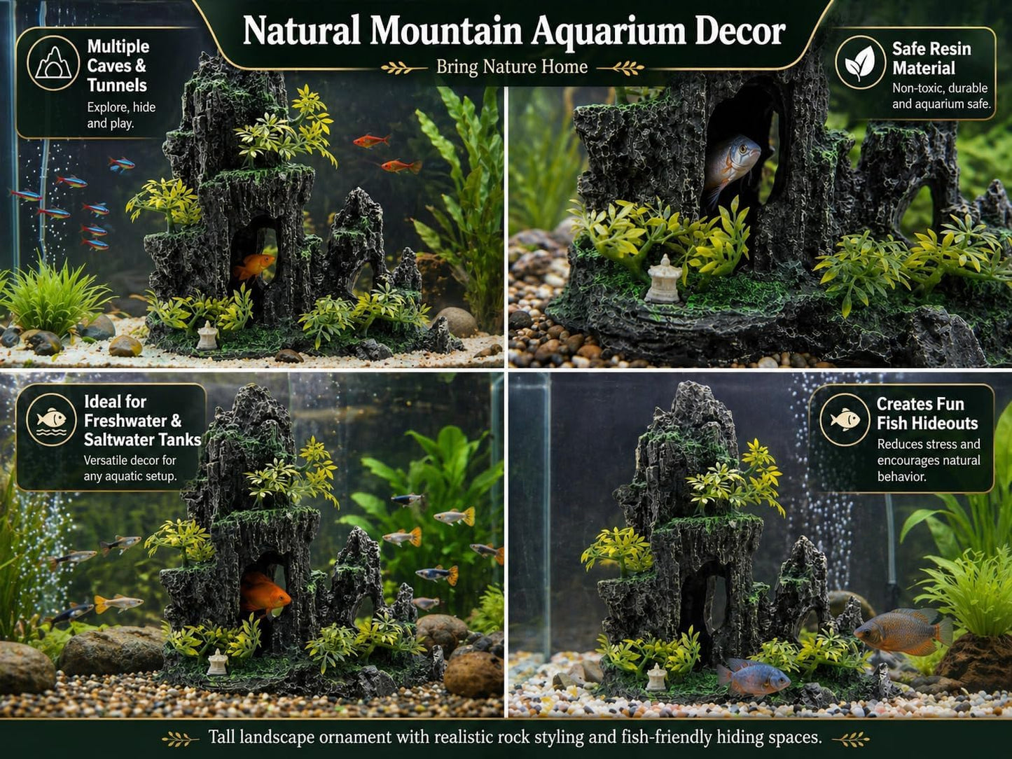 Large Aquarium Decorations and Tall Aquarium Decor for Fish Tank Decorations Artificial Mountain View Ornament Tall Large Aquarium Rock Decor Tree House with Hiding Caves Natural Landscape