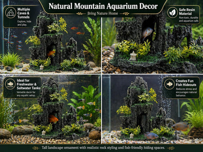 Large Aquarium Decorations and Tall Aquarium Decor for Fish Tank Decorations Artificial Mountain View Ornament Tall Large Aquarium Rock Decor Tree House with Hiding Caves Natural Landscape