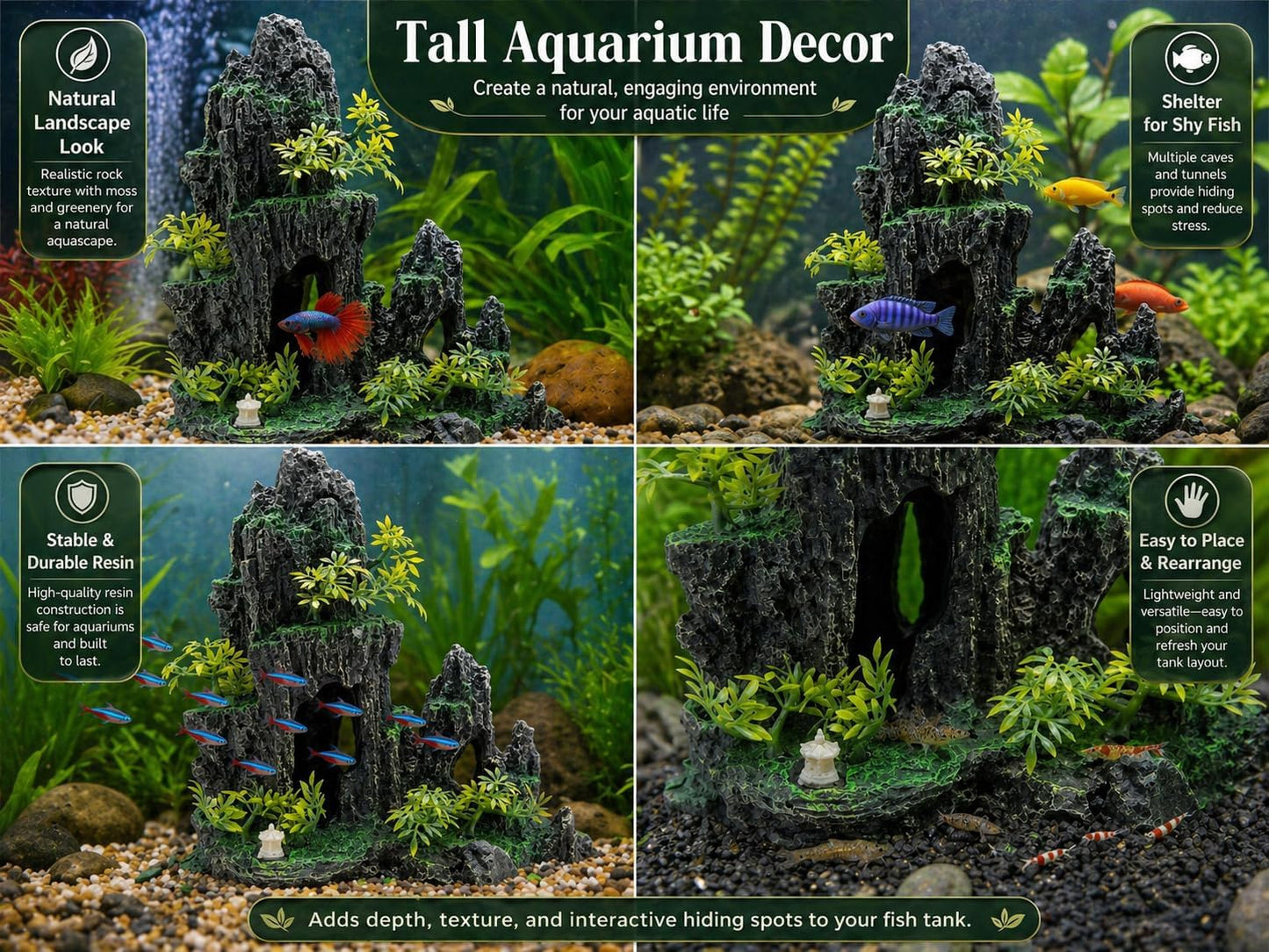 Large Aquarium Decorations and Tall Aquarium Decor for Fish Tank Decorations Artificial Mountain View Ornament Tall Large Aquarium Rock Decor Tree House with Hiding Caves Natural Landscape