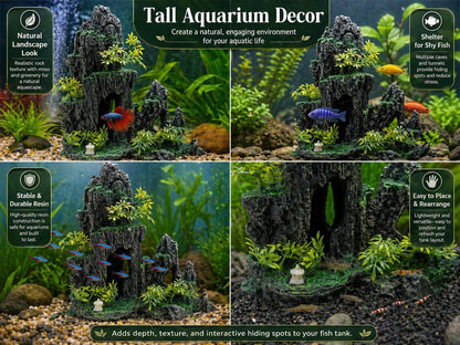 Large Aquarium Decorations and Tall Aquarium Decor for Fish Tank Decorations Artificial Mountain View Ornament Tall Large Aquarium Rock Decor Tree House with Hiding Caves Natural Landscape