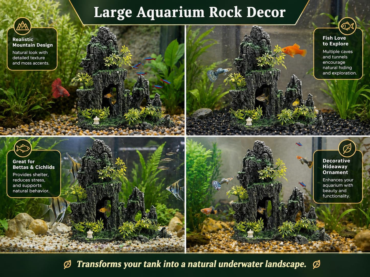 Large Aquarium Decorations and Tall Aquarium Decor for Fish Tank Decorations Artificial Mountain View Ornament Tall Large Aquarium Rock Decor Tree House with Hiding Caves Natural Landscape