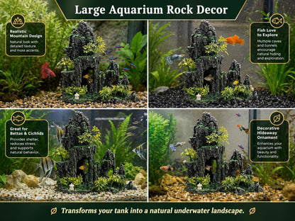 Large Aquarium Decorations and Tall Aquarium Decor for Fish Tank Decorations Artificial Mountain View Ornament Tall Large Aquarium Rock Decor Tree House with Hiding Caves Natural Landscape