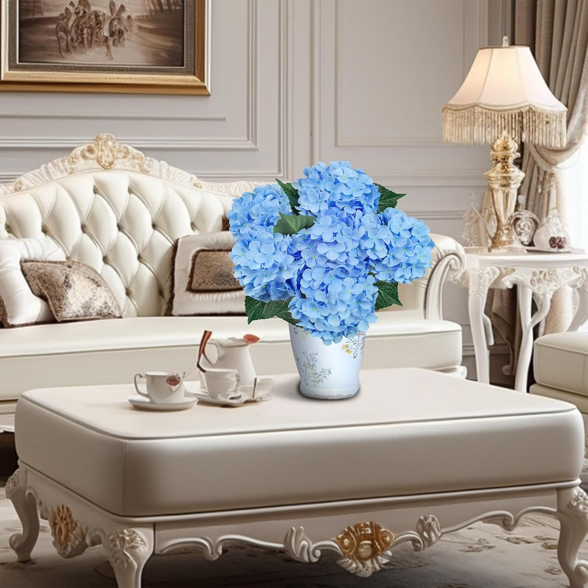 6PCS Premium Green Hydrangea Artificial Flowers Bouquets, Silk Hydrangea Flowers Heads with Stems, Fake Hydrangeas Flowers Arrangement, Faux Hydrangea Decor for Home Wedding Party Table Centerpieces