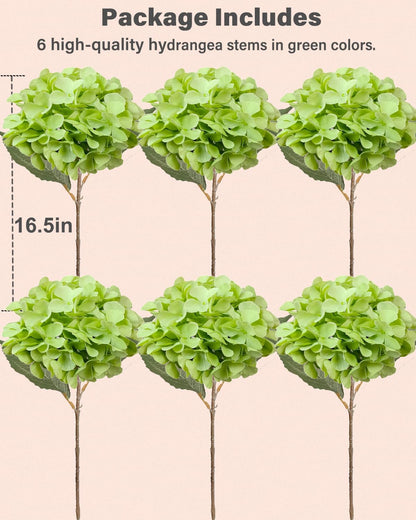 6PCS Premium Green Hydrangea Artificial Flowers Bouquets, Silk Hydrangea Flowers Heads with Stems, Fake Hydrangeas Flowers Arrangement, Faux Hydrangea Decor for Home Wedding Party Table Centerpieces