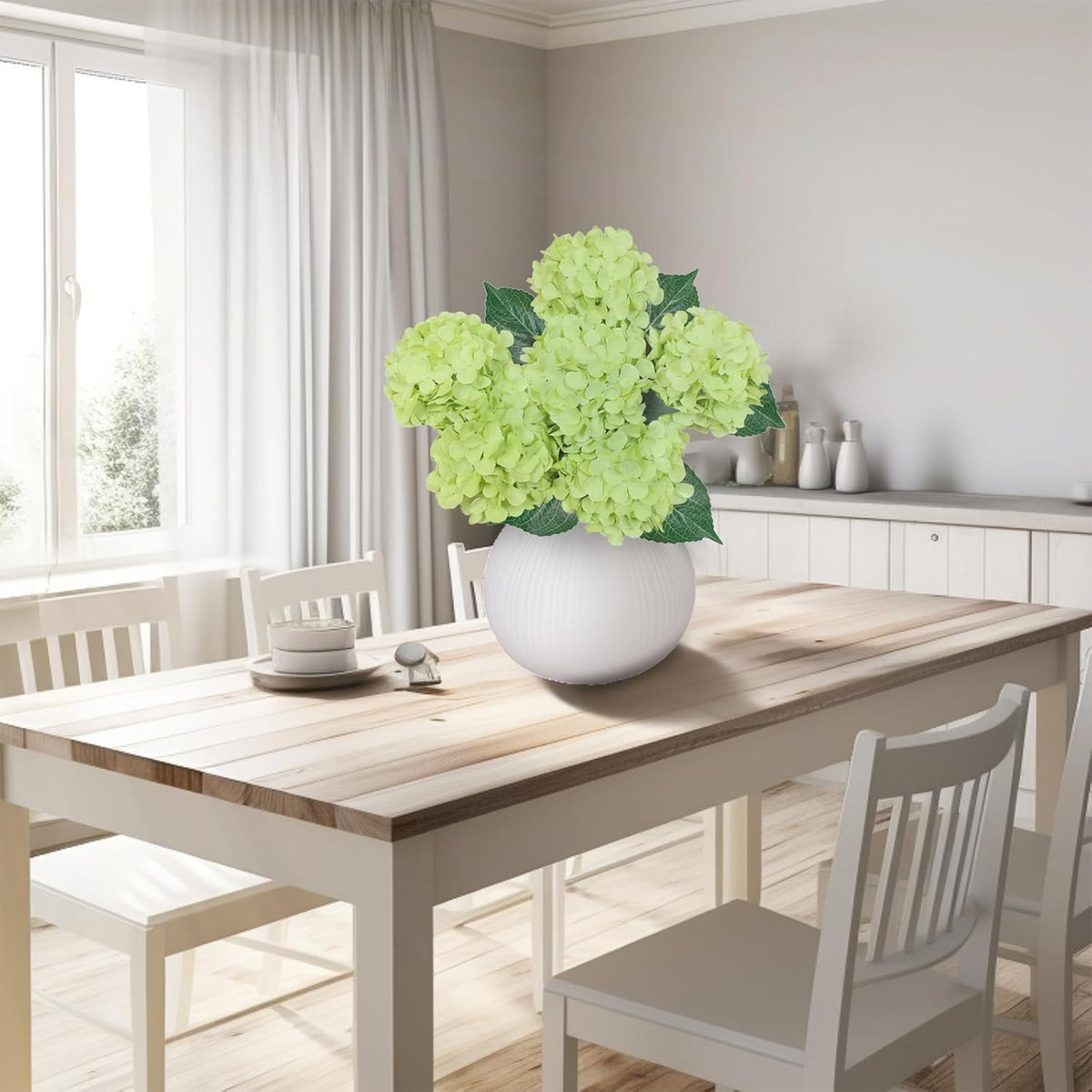 6PCS Premium Green Hydrangea Artificial Flowers Bouquets, Silk Hydrangea Flowers Heads with Stems, Fake Hydrangeas Flowers Arrangement, Faux Hydrangea Decor for Home Wedding Party Table Centerpieces