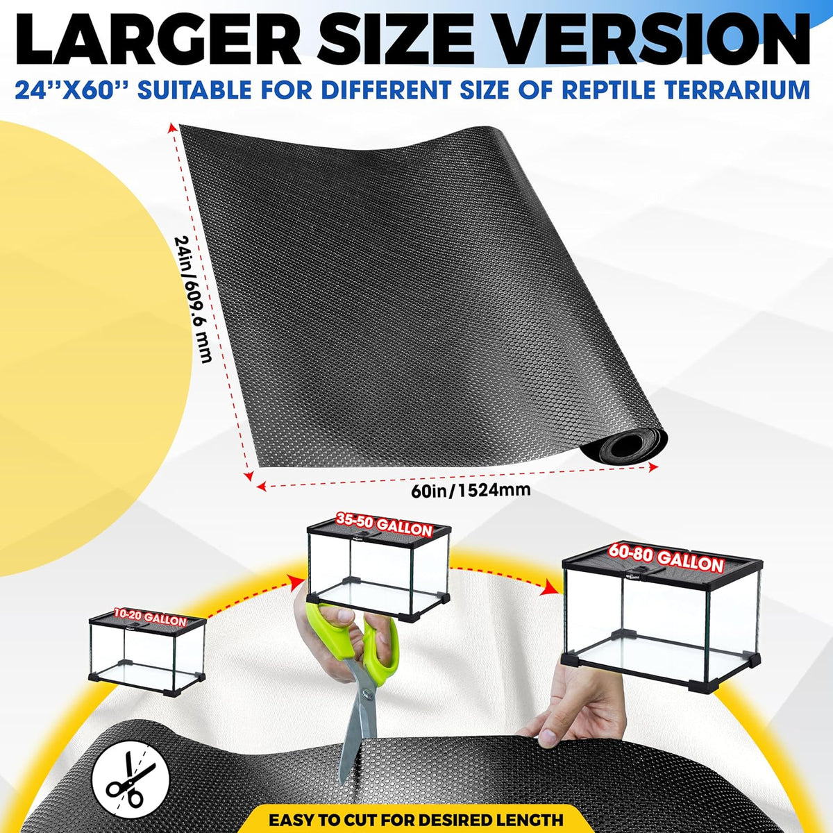 Extra Thick 24"x60" Reptile Substrate Mat, 4PCS Rug Gripper (without Tank)
