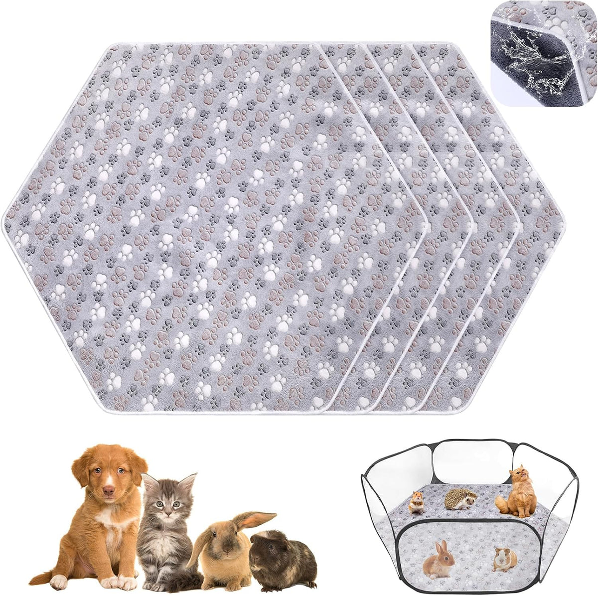 4 Pcs 47" Guinea Playpen Pad Reusable Dog Liner, Dark Gray, Paw
