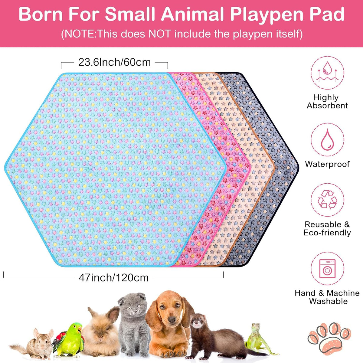 4 Pcs 47" Guinea Playpen Pad Reusable Dog Liner, Dark Gray, Paw