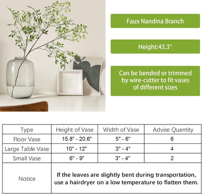 Artificial Plants 2PCS 43.3 Inch Green Nandina Tall Plants for Wedding Shop Garden Office Home Décor Greenery Stems Fake Branches for Vase Indoor