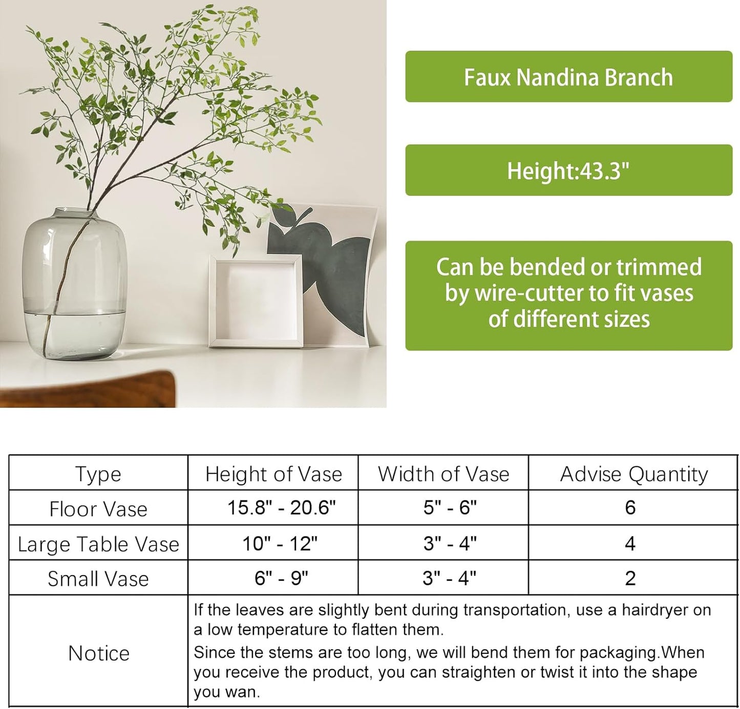 Artificial Plants 2PCS 43.3 Inch Green Nandina Tall Plants for Wedding Shop Garden Office Home Décor Greenery Stems Fake Branches for Vase Indoor