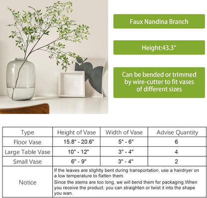 Artificial Plants 2PCS 43.3 Inch Green Nandina Tall Plants for Wedding Shop Garden Office Home Décor Greenery Stems Fake Branches for Vase Indoor