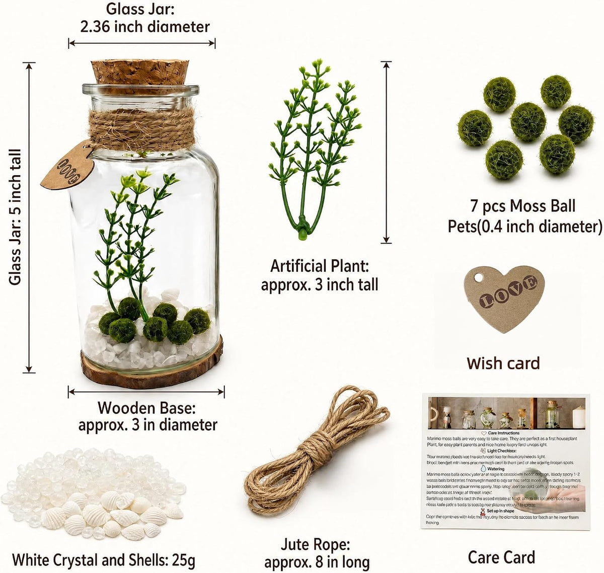 Moss Balls Glass Terrarium Kit - 7 Pcs Glass Terrarium Decor with White Crystal, DIY Aquarium and Home Decor for Desk and Room Styling