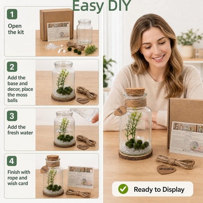 Moss Balls Glass Terrarium Kit - 7 Pcs Glass Terrarium Decor with White Crystal, DIY Aquarium and Home Decor for Desk and Room Styling