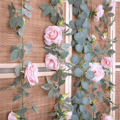 4Pcs(26 FT) Artificial Rose Vine Fake Flower Garland Fake Silk Rose Hanging Vine for Wedding Party Background Arch Garden Background Decoration (Pink)