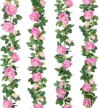 4Pcs(26 FT) Artificial Rose Vine Fake Flower Garland Fake Silk Rose Hanging Vine for Wedding Party Background Arch Garden Background Decoration (Pink)