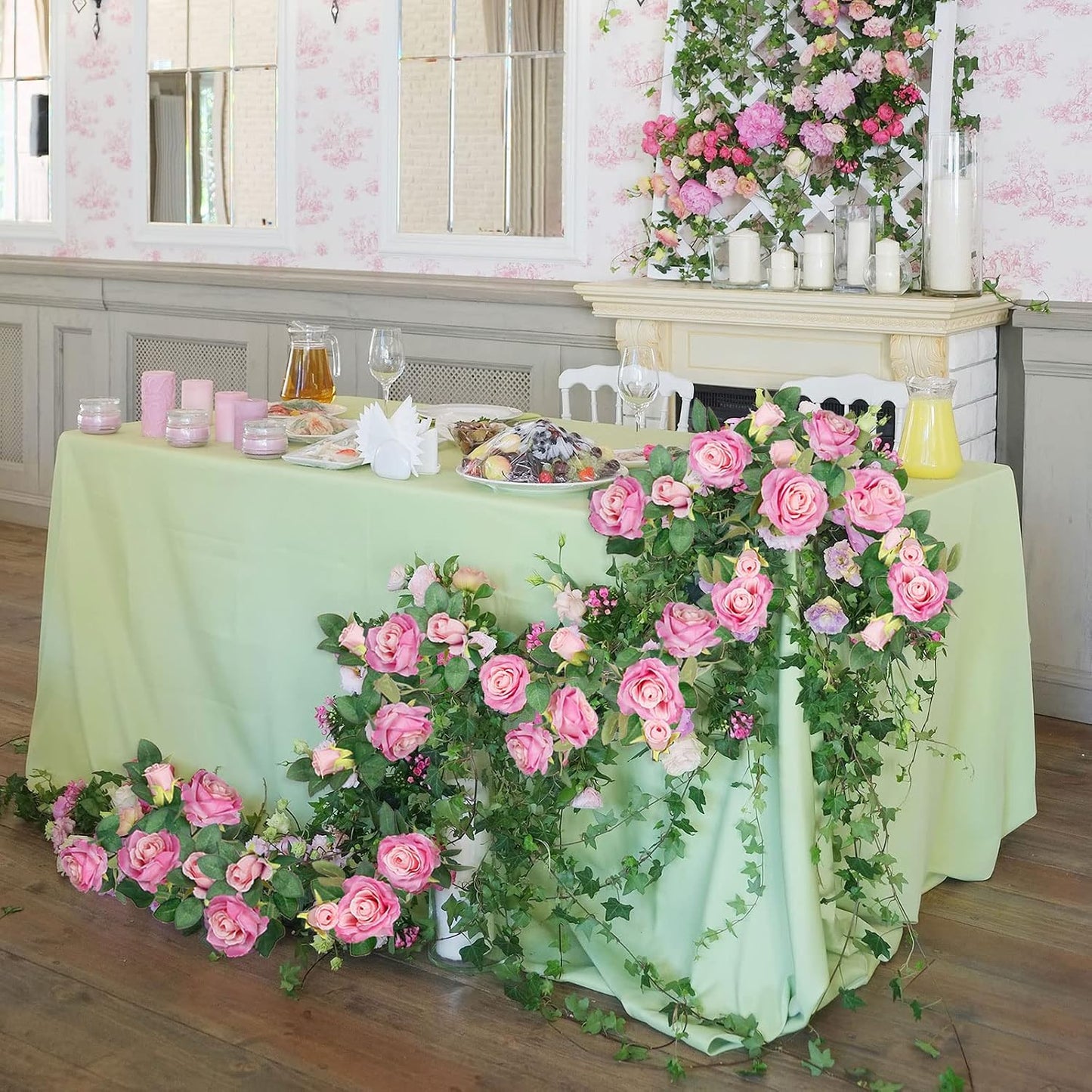 4Pcs(26 FT) Artificial Rose Vine Fake Flower Garland Fake Silk Rose Hanging Vine for Wedding Party Background Arch Garden Background Decoration (Pink)