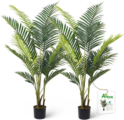 5ft Artificial Palm Tree for Home Decor, 5 Feet Faux Plant Fake Silk Tropical Kentia Areca Trees with Pot for Indoor Outdoor House Living Room Office Porch Garden (5 ft Tall) - Set of 2 Pack