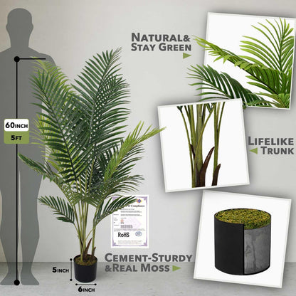 5ft Artificial Palm Tree for Home Decor, 5 Feet Faux Plant Fake Silk Tropical Kentia Areca Trees with Pot for Indoor Outdoor House Living Room Office Porch Garden (5 ft Tall) - Set of 2 Pack