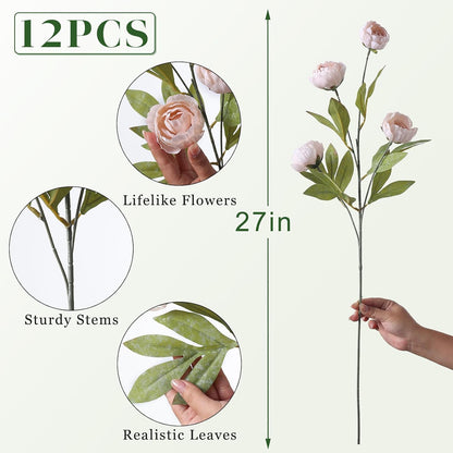6 Pcs 27" Faux Silk Peony Artificial Flowers Stems for Vase(Cream) | Bulk Fake Peonies Branches with Stems, for DIY Bouquet Centerpieces Wedding Fillers Arrangements Shower Decoration