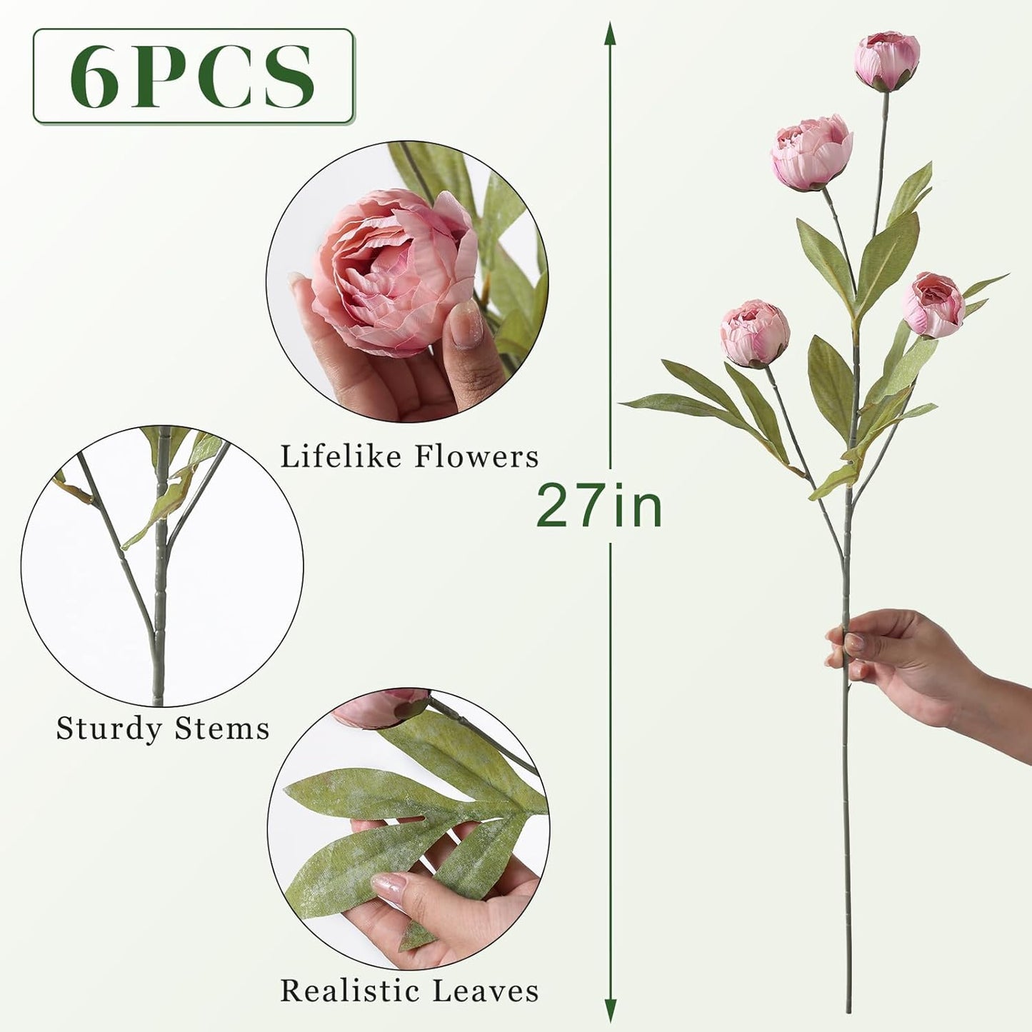 6 Pcs 27" Faux Silk Peony Artificial Flowers Stems for Vase(Cream) | Bulk Fake Peonies Branches with Stems, for DIY Bouquet Centerpieces Wedding Fillers Arrangements Shower Decoration