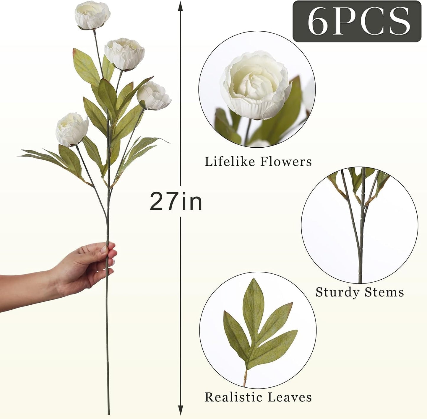 6 Pcs 27" Faux Silk Peony Artificial Flowers Stems for Vase(Cream) | Bulk Fake Peonies Branches with Stems, for DIY Bouquet Centerpieces Wedding Fillers Arrangements Shower Decoration