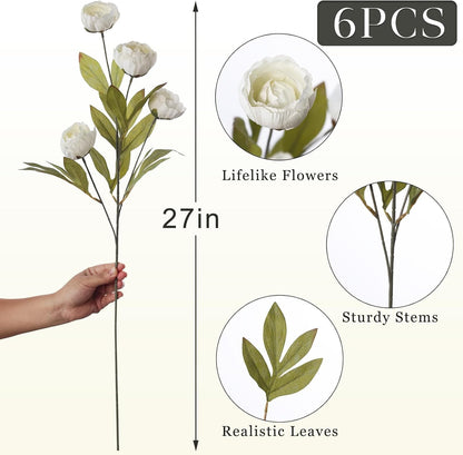 6 Pcs 27" Faux Silk Peony Artificial Flowers Stems for Vase(Cream) | Bulk Fake Peonies Branches with Stems, for DIY Bouquet Centerpieces Wedding Fillers Arrangements Shower Decoration