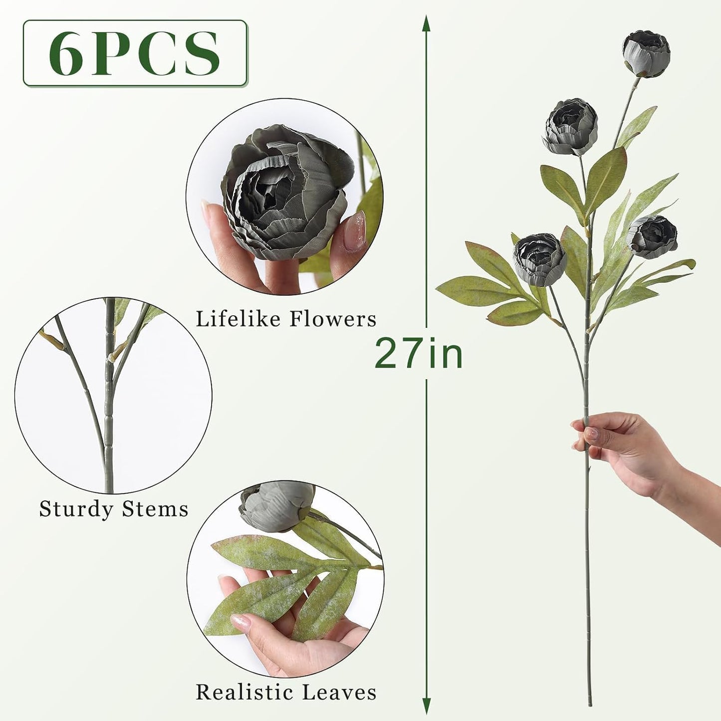 6 Pcs 27" Faux Silk Peony Artificial Flowers Stems for Vase(Cream) | Bulk Fake Peonies Branches with Stems, for DIY Bouquet Centerpieces Wedding Fillers Arrangements Shower Decoration