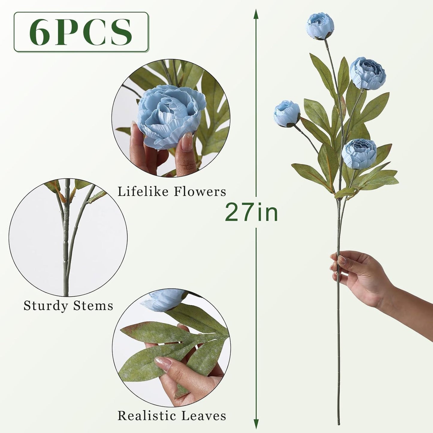 6 Pcs 27" Faux Silk Peony Artificial Flowers Stems for Vase(Cream) | Bulk Fake Peonies Branches with Stems, for DIY Bouquet Centerpieces Wedding Fillers Arrangements Shower Decoration