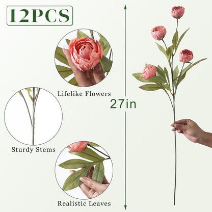 6 Pcs 27" Faux Silk Peony Artificial Flowers Stems for Vase(Cream) | Bulk Fake Peonies Branches with Stems, for DIY Bouquet Centerpieces Wedding Fillers Arrangements Shower Decoration