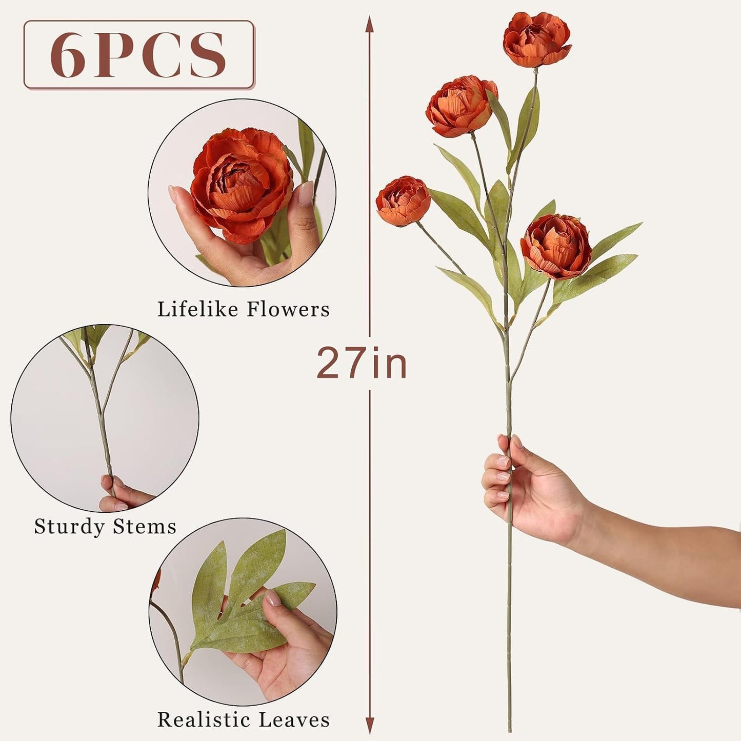 6 Pcs 27" Faux Silk Peony Artificial Flowers Stems for Vase(Cream) | Bulk Fake Peonies Branches with Stems, for DIY Bouquet Centerpieces Wedding Fillers Arrangements Shower Decoration