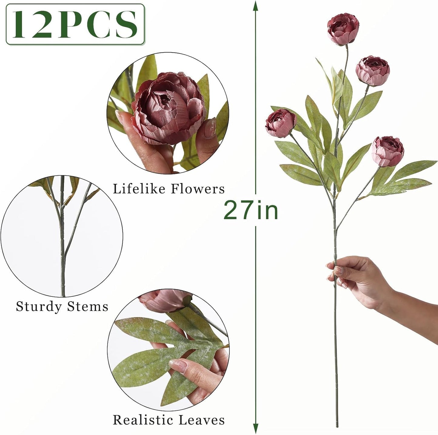 6 Pcs 27" Faux Silk Peony Artificial Flowers Stems for Vase(Cream) | Bulk Fake Peonies Branches with Stems, for DIY Bouquet Centerpieces Wedding Fillers Arrangements Shower Decoration