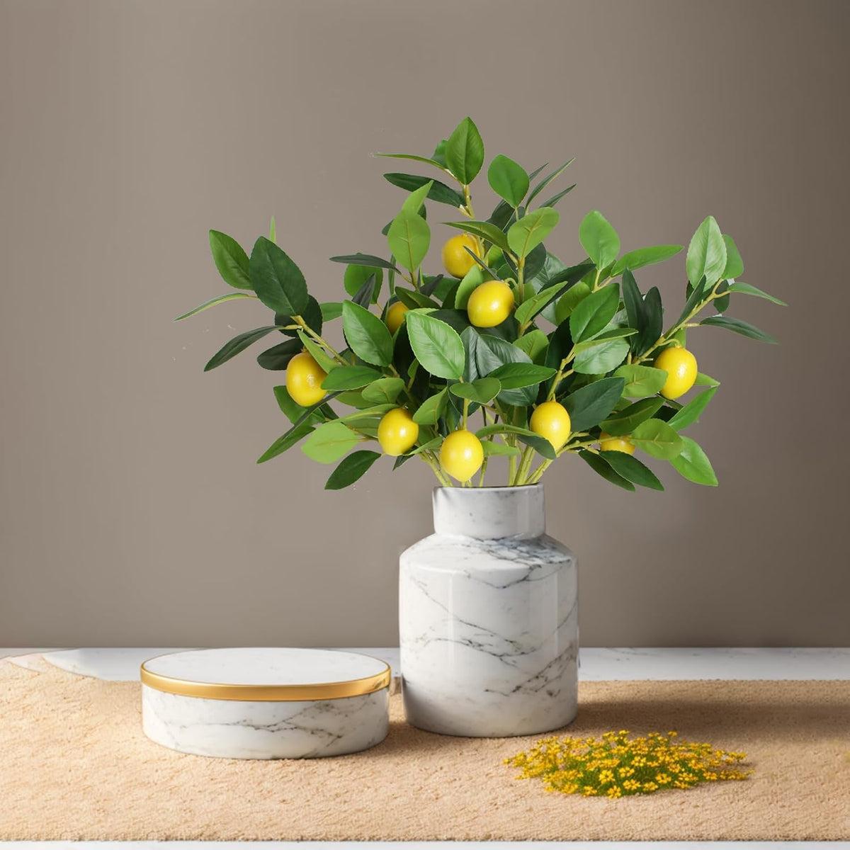 Coreland Artificial Lemon Leaves with Lemon, 4 Pack Faux Lemon Branches for Vases, Realistic Lemons Tree Bushes for Kitchen Dining Table Farmhouse Indoor Outdoor Home Decoration