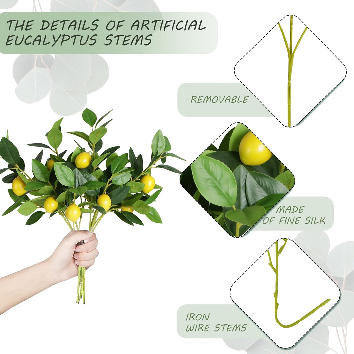Coreland Artificial Lemon Leaves with Lemon, 4 Pack Faux Lemon Branches for Vases, Realistic Lemons Tree Bushes for Kitchen Dining Table Farmhouse Indoor Outdoor Home Decoration