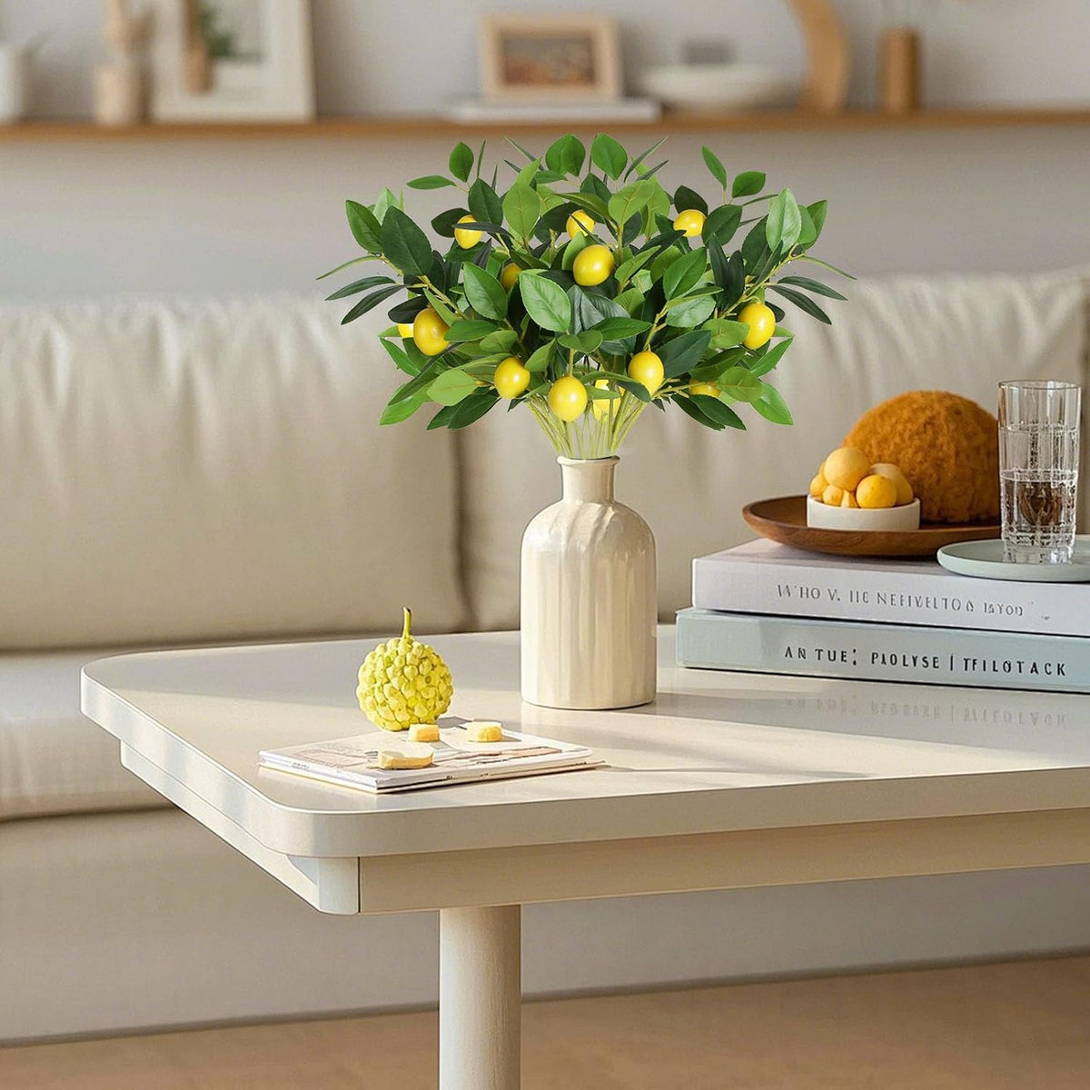Coreland Artificial Lemon Leaves with Lemon, 4 Pack Faux Lemon Branches for Vases, Realistic Lemons Tree Bushes for Kitchen Dining Table Farmhouse Indoor Outdoor Home Decoration