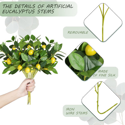 Coreland Artificial Lemon Leaves with Lemon, 4 Pack Faux Lemon Branches for Vases, Realistic Lemons Tree Bushes for Kitchen Dining Table Farmhouse Indoor Outdoor Home Decoration