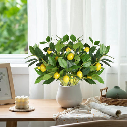 Coreland Artificial Lemon Leaves with Lemon, 4 Pack Faux Lemon Branches for Vases, Realistic Lemons Tree Bushes for Kitchen Dining Table Farmhouse Indoor Outdoor Home Decoration