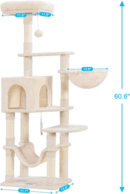 Cat Tree with Large Hammock, Multi-Level Cat Tower for Indoor Cats, Cat Condo with Sisal-Covered Scratching Posts and Top Perch, Green MPJ050GR