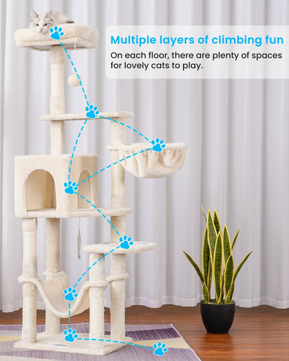 Cat Tree with Large Hammock, Multi-Level Cat Tower for Indoor Cats, Cat Condo with Sisal-Covered Scratching Posts and Top Perch, Green MPJ050GR