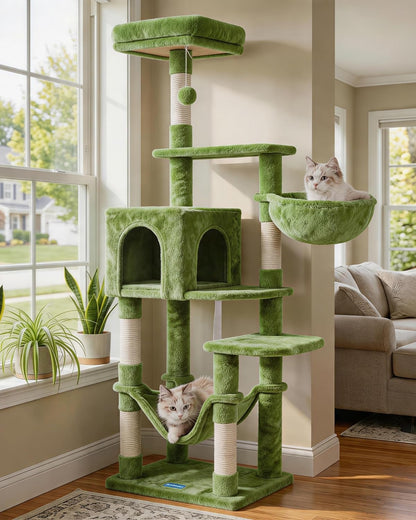Cat Tree with Large Hammock, Multi-Level Cat Tower for Indoor Cats, Cat Condo with Sisal-Covered Scratching Posts and Top Perch, Green MPJ050GR