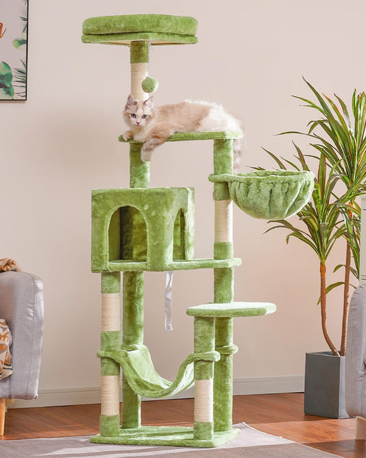 Cat Tree with Large Hammock, Multi-Level Cat Tower for Indoor Cats, Cat Condo with Sisal-Covered Scratching Posts and Top Perch, Green MPJ050GR