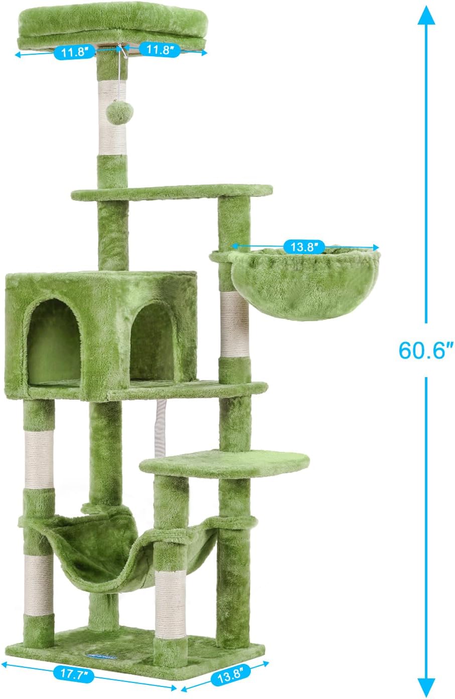 Cat Tree with Large Hammock, Multi-Level Cat Tower for Indoor Cats, Cat Condo with Sisal-Covered Scratching Posts and Top Perch, Green MPJ050GR